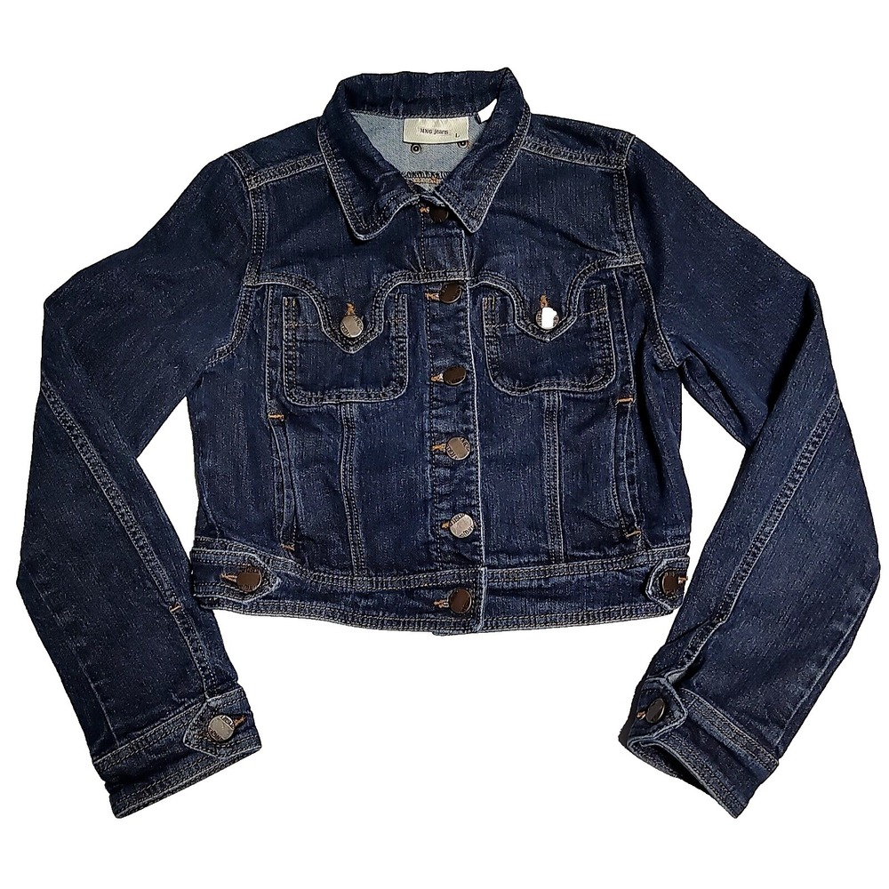 MANGO MNG JEANS Juniors Large Dark Wash Cropped Stretch Denim Jean Jacket
